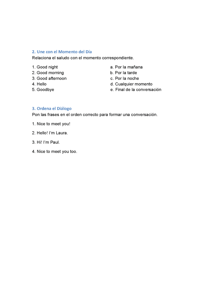 Ficha de vocabulario en inglés sobre saludos y presentaciones. Incluye expresiones como “Hello”, “Good morning”, “How are you?”, “My name is…” con ilustraciones y ejemplos. PAG 2