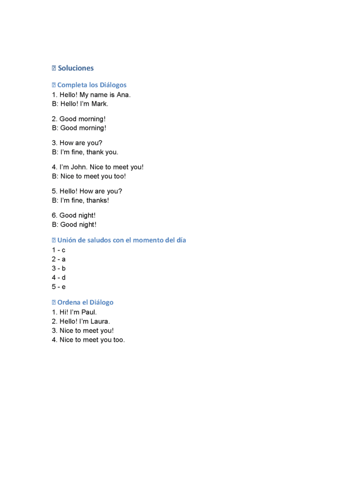 Ficha de vocabulario en inglés sobre saludos y presentaciones. Incluye expresiones como “Hello”, “Good morning”, “How are you?”, “My name is…” con ilustraciones y ejemplos. PAG 3